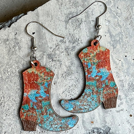 Bild von Holz West-Cowboy Ohrring Silberfarbe Bunt Stiefel Blumen 1 Paar
