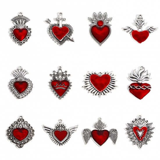 Image de Pendentifs Religieux en Alliage de Zinc Argent Vieilli Rouge Coeur de Ex-Voto Émail 5 Pcs