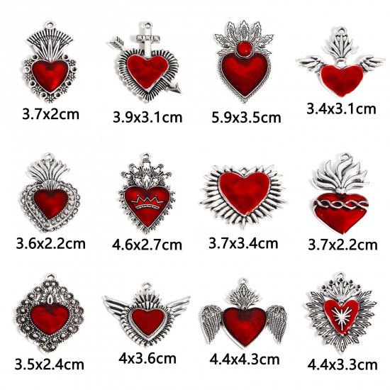 Image de Pendentifs Religieux en Alliage de Zinc Argent Vieilli Rouge Coeur de Ex-Voto Émail 5 Pcs