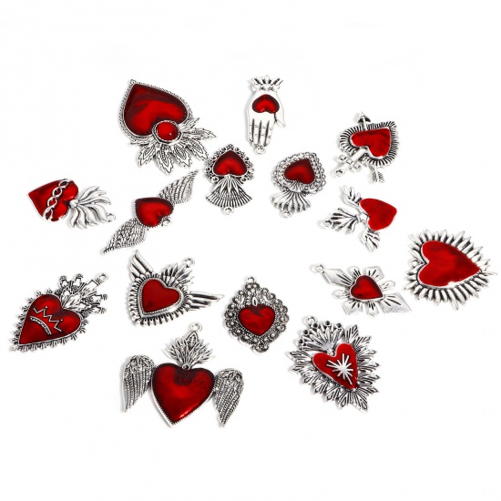 Image de Pendentifs Religieux en Alliage de Zinc Argent Vieilli Rouge Coeur de Ex-Voto Émail 5 Pcs