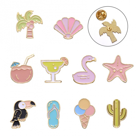 Picture of Beach Pin Brooches Coconut Palm Tree Gold Plated Multicolor Enamel