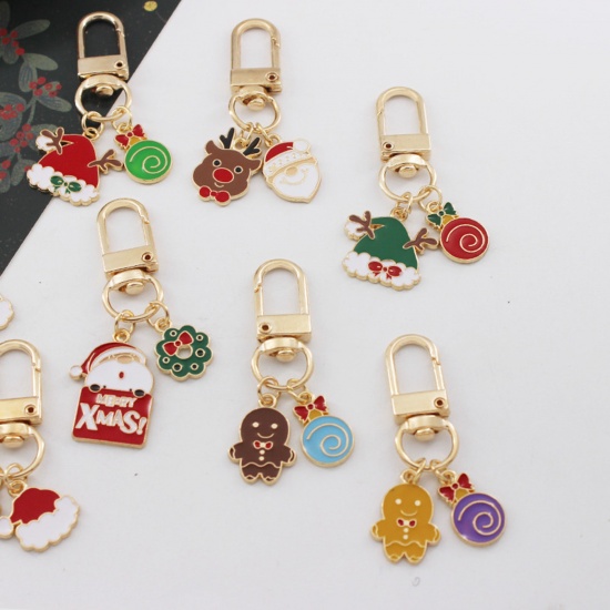 Picture of Cute Keychain & Keyring Gold Plated Multicolor Christmas Santa Claus Christmas Wreath Enamel