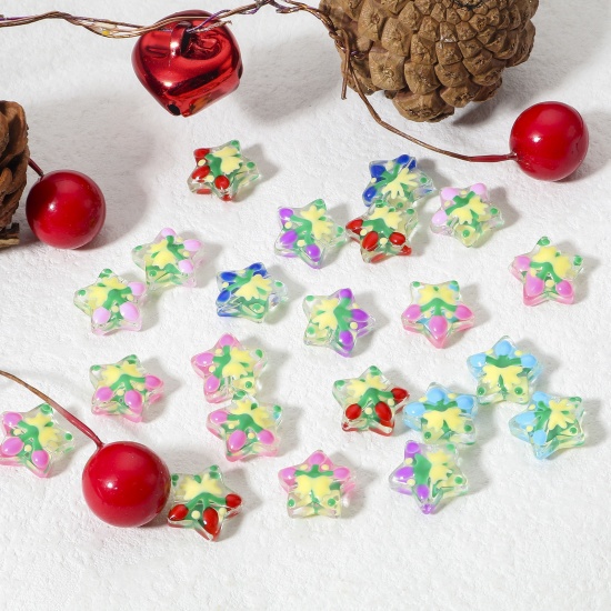 Picture of Lampwork Glass Christmas Beads For DIY Charm Jewelry Making Pentagram Star Multicolor Enamel About 13mm x 13mm
