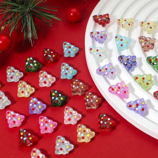 Picture of Lampwork Glass Beads For DIY Charm Jewelry Making Christmas Tree Multicolor Enamel About 16mm x 15mm