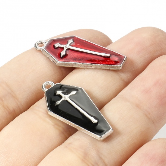 Picture of Zinc Based Alloy Halloween Charms Silver Tone Multicolor Coffin Cross Enamel 26mm x 12mm
