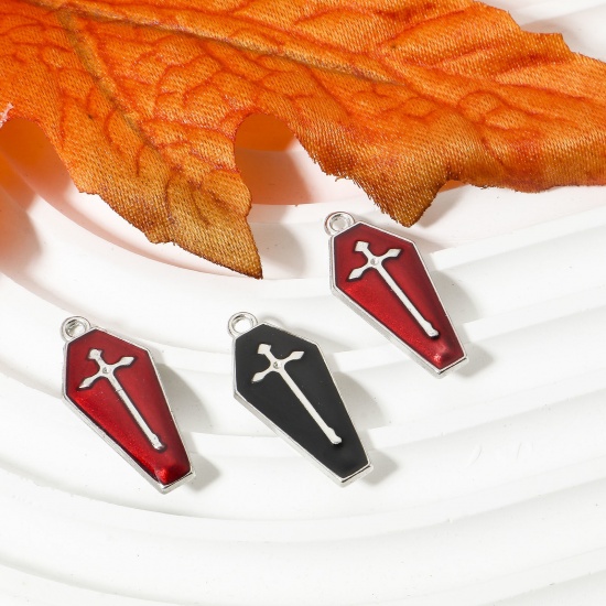 Picture of Zinc Based Alloy Halloween Charms Silver Tone Multicolor Coffin Cross Enamel 26mm x 12mm