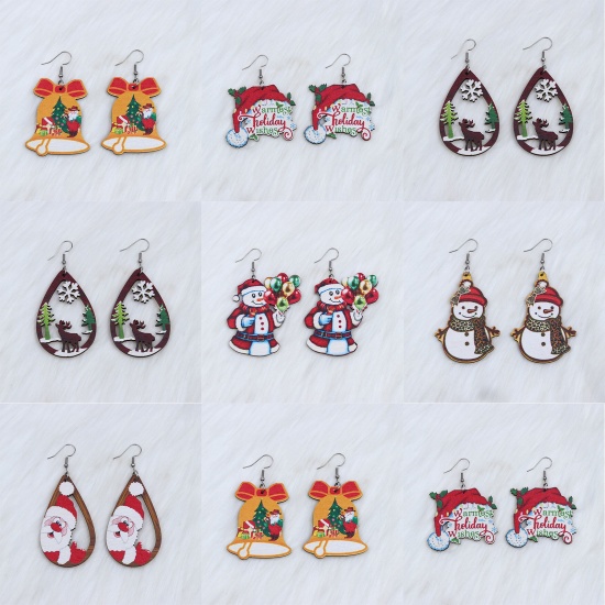 Picture of Natural Wood Simple Earrings Multicolor Drop Christmas Santa Claus Hollow