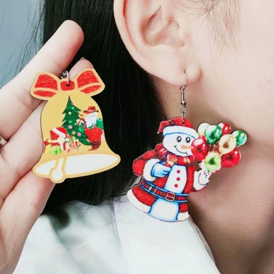 Picture of Natural Wood Simple Earrings Multicolor Drop Christmas Santa Claus Hollow