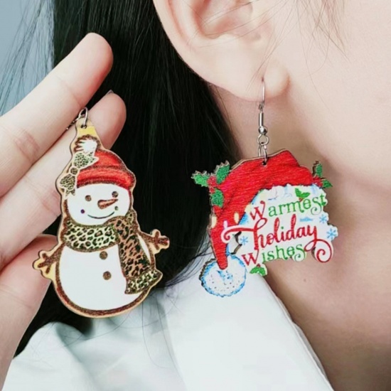 Picture of Natural Wood Simple Earrings Multicolor Drop Christmas Santa Claus Hollow