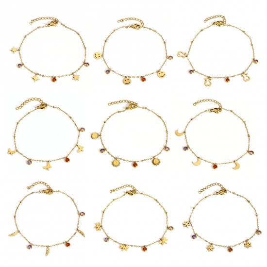 Immagine di 1 Pz 304 Acciaio Inossidabile Cavo Catena Braccialetti Oro Placcato Multicolore Strass Con Aragosta Fermagli Fibbia e Catena di Estensione 18cm Lunghezza