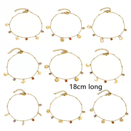 Immagine di 1 Pz 304 Acciaio Inossidabile Cavo Catena Braccialetti Oro Placcato Multicolore Strass Con Aragosta Fermagli Fibbia e Catena di Estensione 18cm Lunghezza