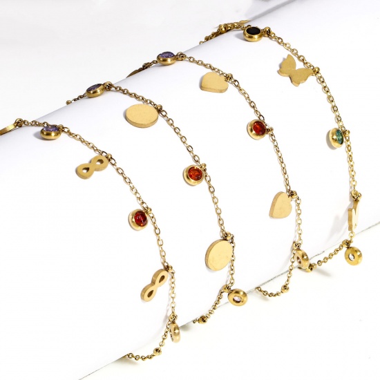 Immagine di 1 Pz 304 Acciaio Inossidabile Cavo Catena Braccialetti Oro Placcato Multicolore Strass Con Aragosta Fermagli Fibbia e Catena di Estensione 18cm Lunghezza