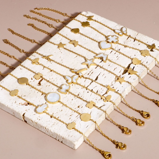 Image de 1 Pièce Bracelets Chaîne Maille Forçat en 304 Acier Inoxydable & Coquille Naturelle Doré 16cm long