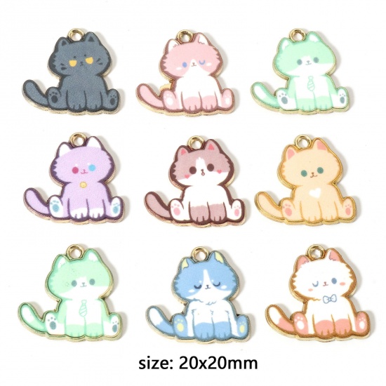 Bild von Zinklegierung Charms Vergoldet Bunt Katze Emaille 20mm x 20mm, 10 Stück