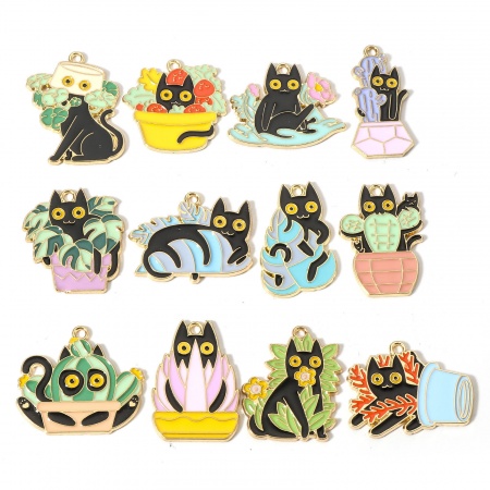 Zinc Based Alloy Charms Gold Plated Multicolor Flowerpot Cat Enamel