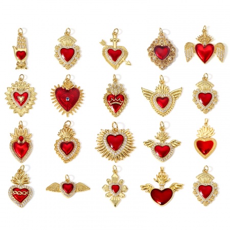 Brass Religious Pendants 18K Real Gold Plated Red Ex Voto Heart Enamel Clear Cubic Zirconia