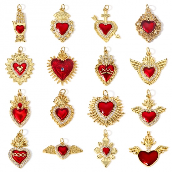 Picture of Brass Religious Pendants 18K Real Gold Plated Red Ex Voto Heart Enamel Clear Cubic Zirconia