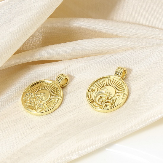 Image de 1 Pièce Breloques en Laiton Soleil Plaqué Or Véritable 18K 22.5mm x 17.5mm