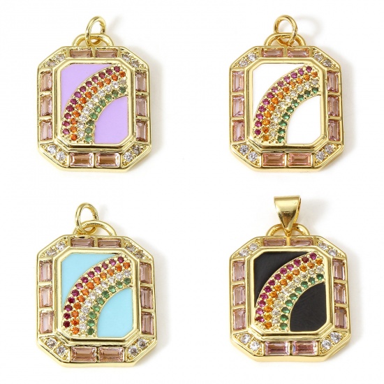 Picture of Brass Weather Collection Charms 18K Real Gold Plated Multicolor Rectangle Rainbow Enamel Multicolour Cubic Zirconia 26mm x 17.5mm