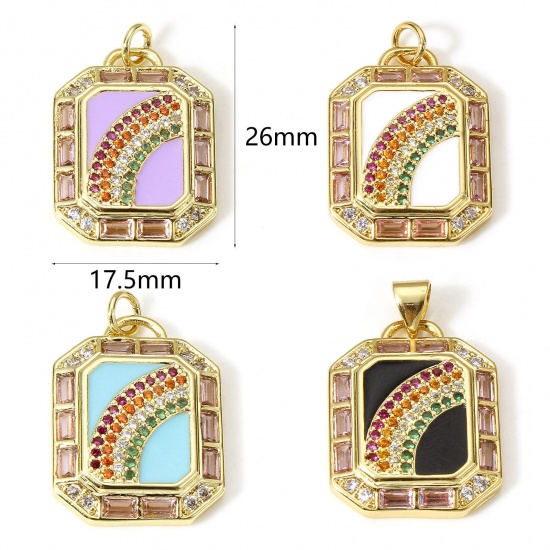 Picture of Brass Weather Collection Charms 18K Real Gold Plated Multicolor Rectangle Rainbow Enamel Multicolour Cubic Zirconia 26mm x 17.5mm