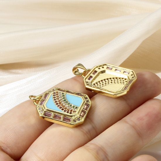 Picture of Brass Weather Collection Charms 18K Real Gold Plated Multicolor Rectangle Rainbow Enamel Multicolour Cubic Zirconia 26mm x 17.5mm