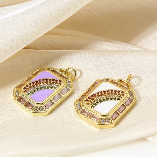 Picture of Brass Weather Collection Charms 18K Real Gold Plated Multicolor Rectangle Rainbow Enamel Multicolour Cubic Zirconia 26mm x 17.5mm