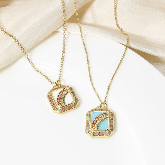 Picture of Brass Weather Collection Charms 18K Real Gold Plated Multicolor Rectangle Rainbow Enamel Multicolour Cubic Zirconia 26mm x 17.5mm