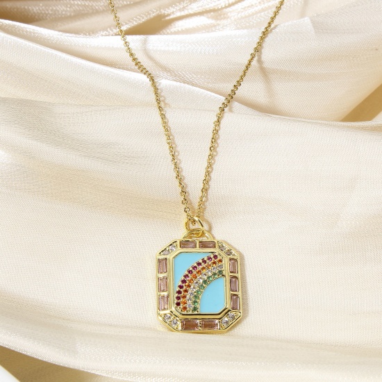 Picture of Brass Weather Collection Charms 18K Real Gold Plated Multicolor Rectangle Rainbow Enamel Multicolour Cubic Zirconia 26mm x 17.5mm