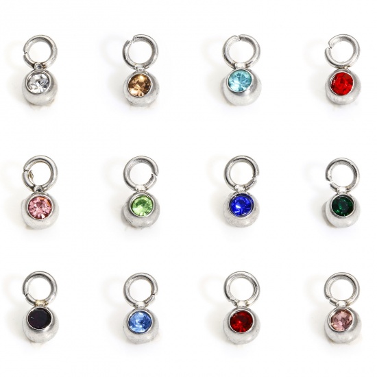 Immagine di 5 Pz 304 Acciaio Inossidabile Pietre Nascita Charms Tondo Tono Argento 6mm x 3mm