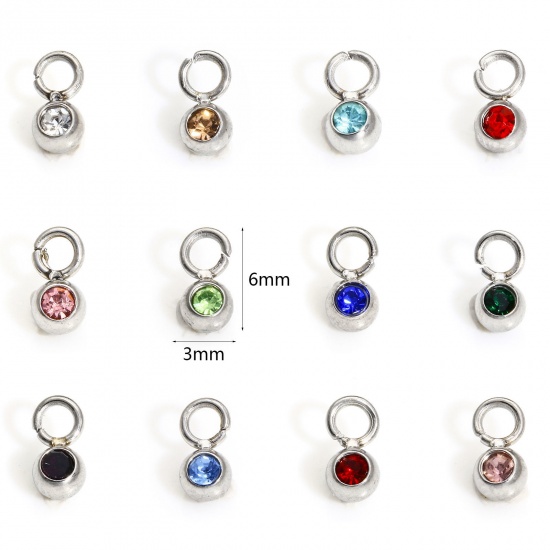 Immagine di 5 Pz 304 Acciaio Inossidabile Pietre Nascita Charms Tondo Tono Argento 6mm x 3mm