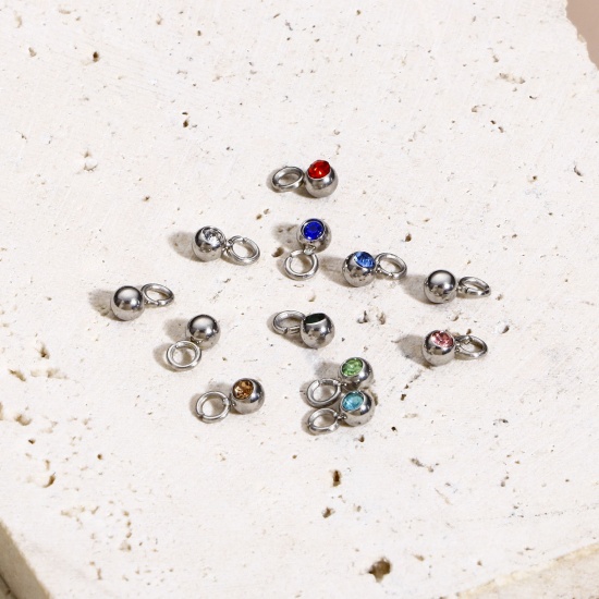 Immagine di 5 Pz 304 Acciaio Inossidabile Pietre Nascita Charms Tondo Tono Argento 6mm x 3mm