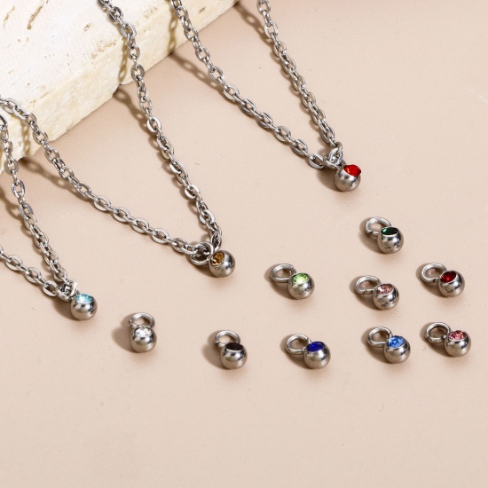 Immagine di 5 Pz 304 Acciaio Inossidabile Pietre Nascita Charms Tondo Tono Argento 6mm x 3mm