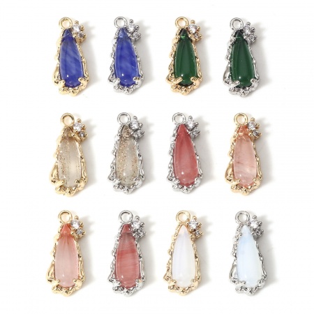 2 Stück Messing Charms Echtgold plattiert Tropfen Mit Glas Cabochon Klar Zirkonia 15mm x 7mm