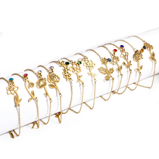 Picture of Wholesale Multicolor Rhinestone 304 Stainless Steel Link Cable Chain Bracelets, 18K Gold Plated Vacuum Plating, Women's Birth Month Flower Gift Jewelry Supply, 16cm(6.3") long