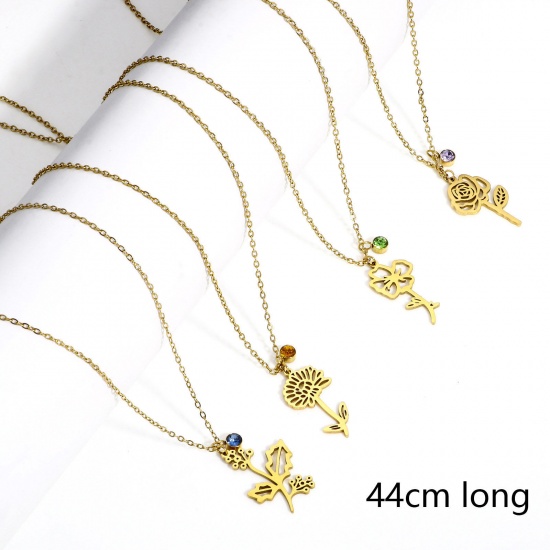 Picture of 304 Stainless Steel Birth Month Flower Link Cable Chain Necklace 18K Gold Plated 44cm(17 3/8") long