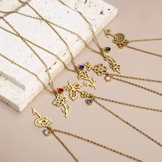 Picture of 304 Stainless Steel Birth Month Flower Link Cable Chain Necklace 18K Gold Plated 44cm(17 3/8") long