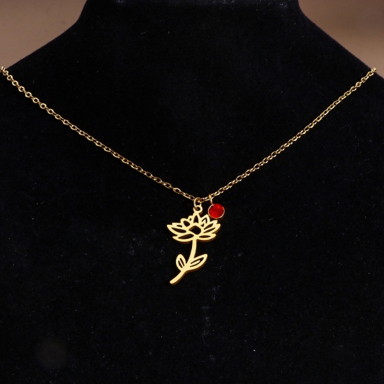 Picture of 304 Stainless Steel Birth Month Flower Link Cable Chain Necklace 18K Gold Plated 44cm(17 3/8") long