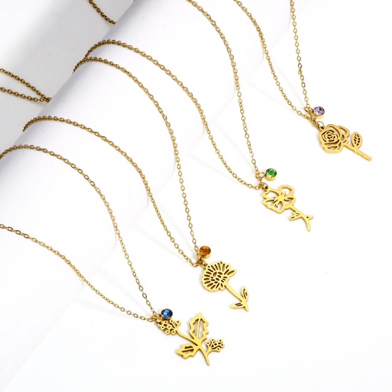 Picture of Wholesale Birthstone Pendant Charm Necklace, 18K Gold Plated 304 Stainless Steel Link Cable Chain, Women's Birth Month Flower Exquisite Gift Jewelry For Retailer, 44cm(17.3") long, 1 Piece
