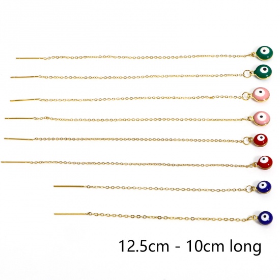 Picture of 304 Stainless Steel Religious Ear Thread Threader Earrings Gold Plated Round Evil Eye Double-sided Enamel