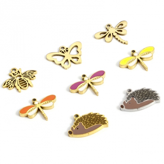 Picture of 316L Stainless Steel Insect Charms Gold Plated Bee Animal Dragonfly Hollow