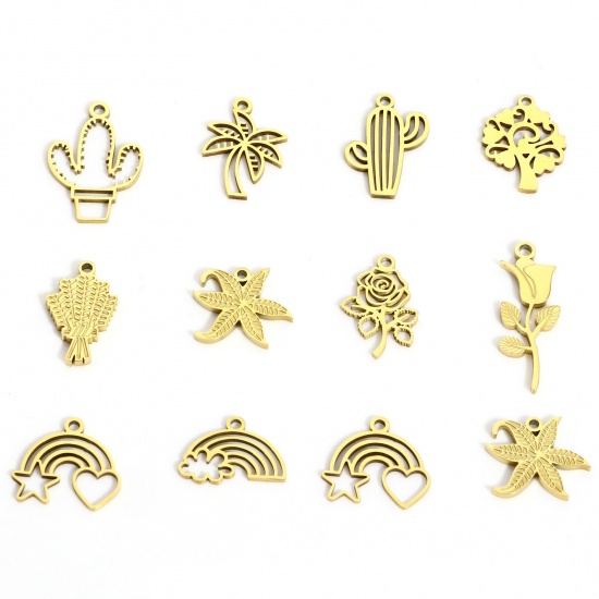 Immagine di 2 Pz 316L Acciaio inossidabile Stile Pastorale Ciondoli Cactus 18K Vero Oro Placcato Filigrana