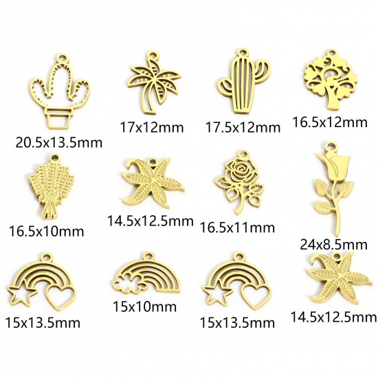 Immagine di 2 Pz 316L Acciaio inossidabile Stile Pastorale Ciondoli Cactus 18K Vero Oro Placcato Filigrana