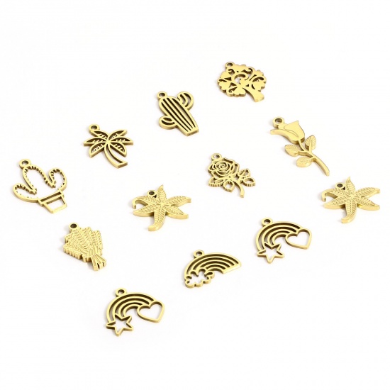 Immagine di 2 Pz 316L Acciaio inossidabile Stile Pastorale Ciondoli Cactus 18K Vero Oro Placcato Filigrana
