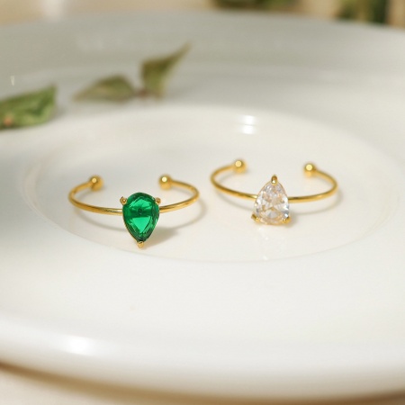 1 Pièce Placage Sous Vide Écologique Exquis Bagues Ouvert Élégant en 304 Acier Inoxydable & Zircon Plaqué Or Véritable 18K Goutte d'Eau Pour Femmes Anniversaire