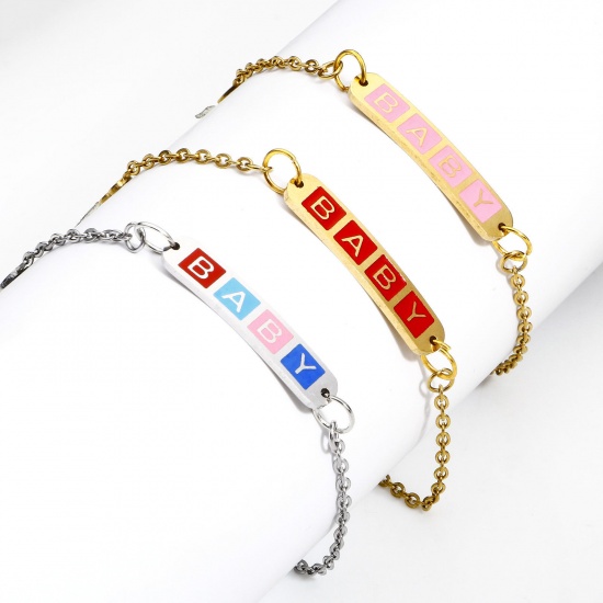 Picture of 304 Stainless Steel Valentine's Day Connectors Charms Pendants Rectangle Message " baby " Enamel 3cm x 0.6cm
