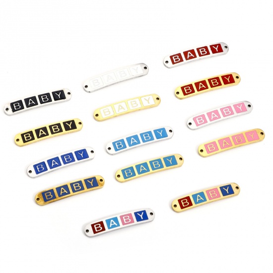 Picture of 304 Stainless Steel Valentine's Day Connectors Charms Pendants Rectangle Message " baby " Enamel 3cm x 0.6cm