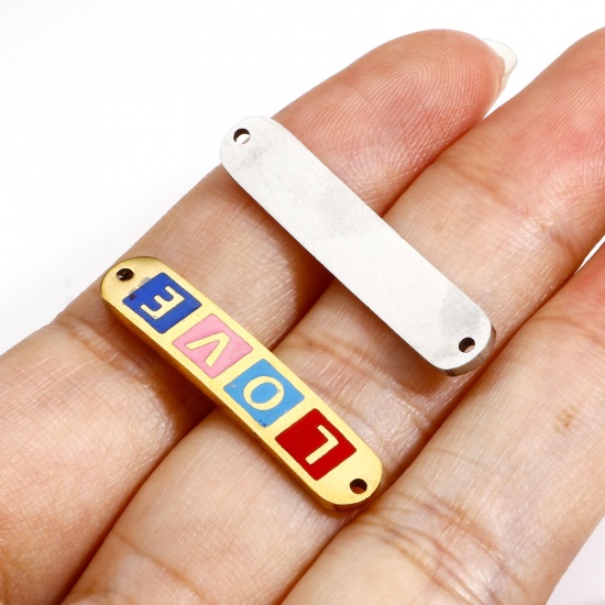 Imagen de 2 Unidades Enchapado al Vacío 304 Acero Inoxidable día de San Valentín Conectores Dijes Colgantes Rectángulo Mensaje " Amor " Esmalte 3cm x 0.6cm