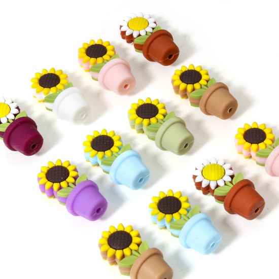 Immagine di 2 Pz Silicone Collezione Flora Perline per la Creazione di Gioielli con Ciondoli Fai-da-te Multicolore Girasole 3D Circa 3cm x 1.5cm, Foro: Circa 2.4mm