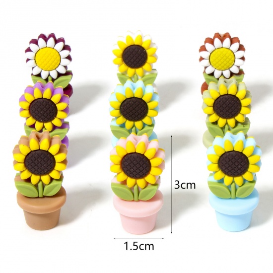 Immagine di 2 Pz Silicone Collezione Flora Perline per la Creazione di Gioielli con Ciondoli Fai-da-te Multicolore Girasole 3D Circa 3cm x 1.5cm, Foro: Circa 2.4mm