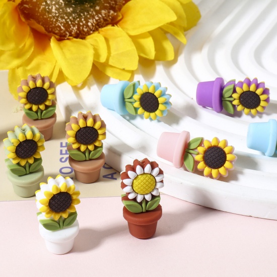 Immagine di 2 Pz Silicone Collezione Flora Perline per la Creazione di Gioielli con Ciondoli Fai-da-te Multicolore Girasole 3D Circa 3cm x 1.5cm, Foro: Circa 2.4mm